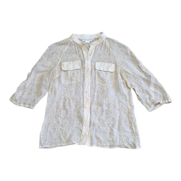 Trina Turk Unique Gold and Cream Sheer Roll Up Sleeve Blouse M - Picture 1 of 6